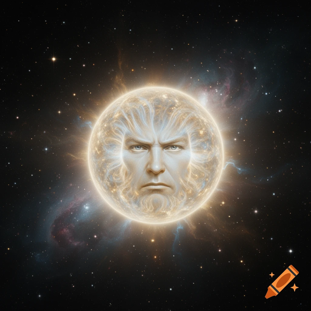 A glowing golden star with a stern masculine face at its center, surrounded by stars and nebulae in deep space.