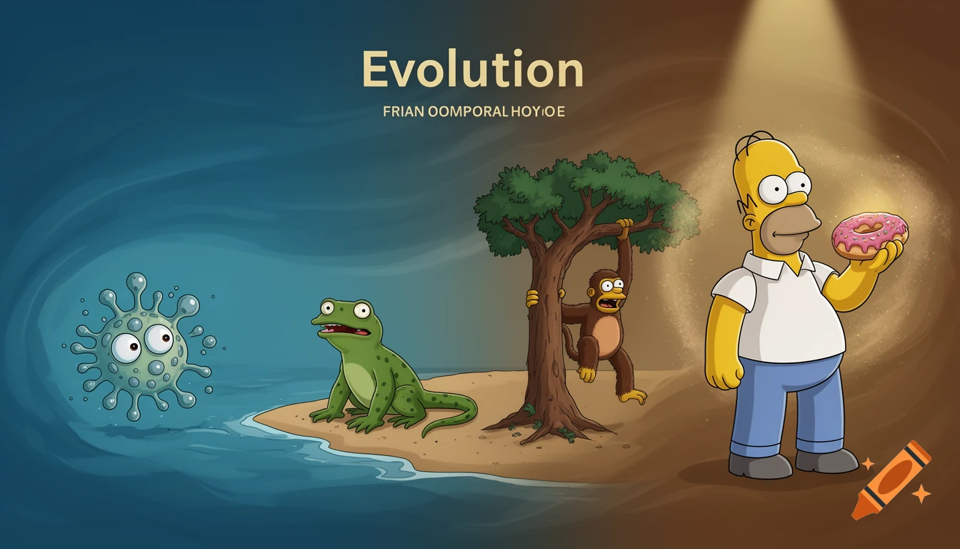 A cartoon depicting the evolution of life from a virus to a frog, a monkey, and finally Homer Simpson holding a donut, under the title 'Evolution'.