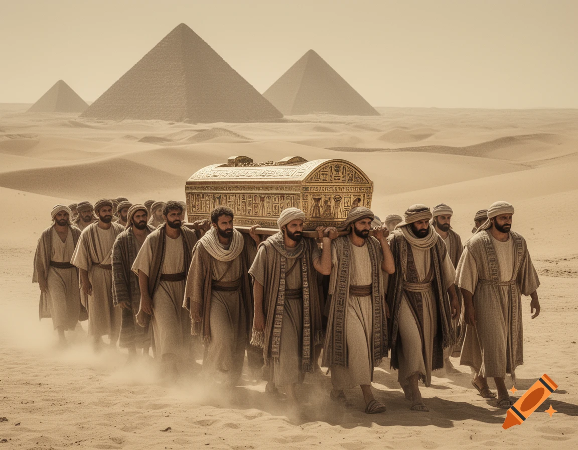 Men in ancient robes carry an ornate golden sarcophagus through a dusty desert with pyramids in the background, photorealistic style.