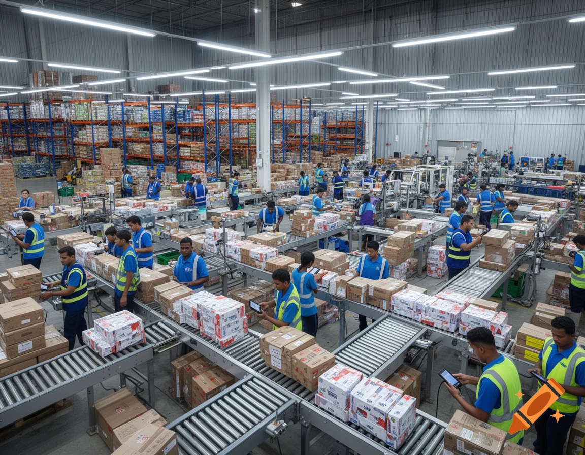 A bustling warehouse with many workers sorting and moving packages on conveyor belts.