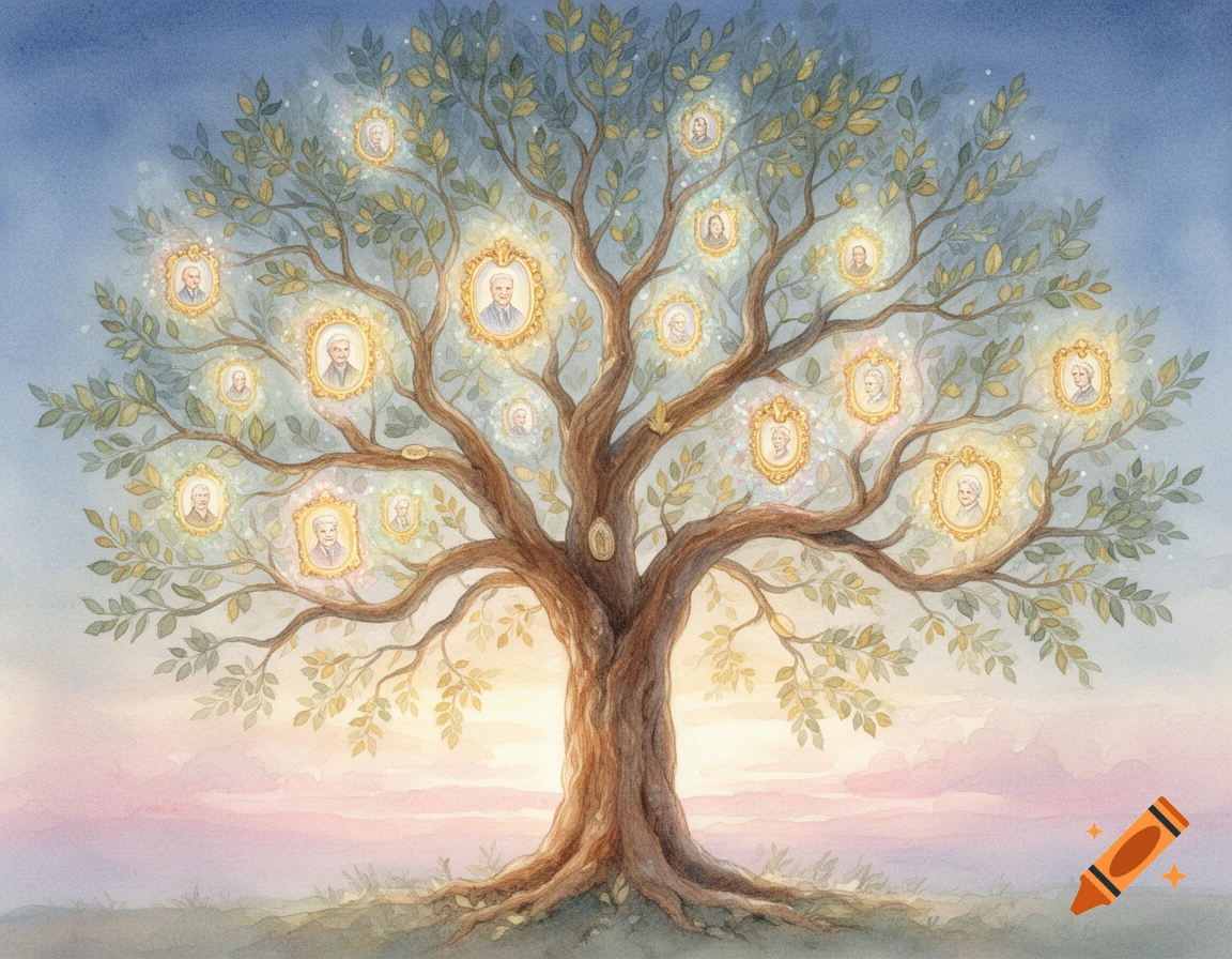 A watercolor painting of a glowing family tree with many framed portraits of people on its branches, set against a dawn sky.