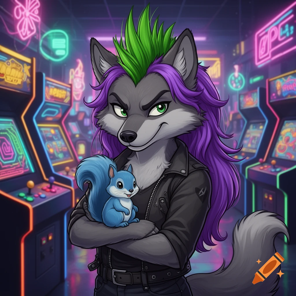 A cartoon wolf with purple hair and green mohawk holds a blue baby squirrel in a brightly lit arcade.