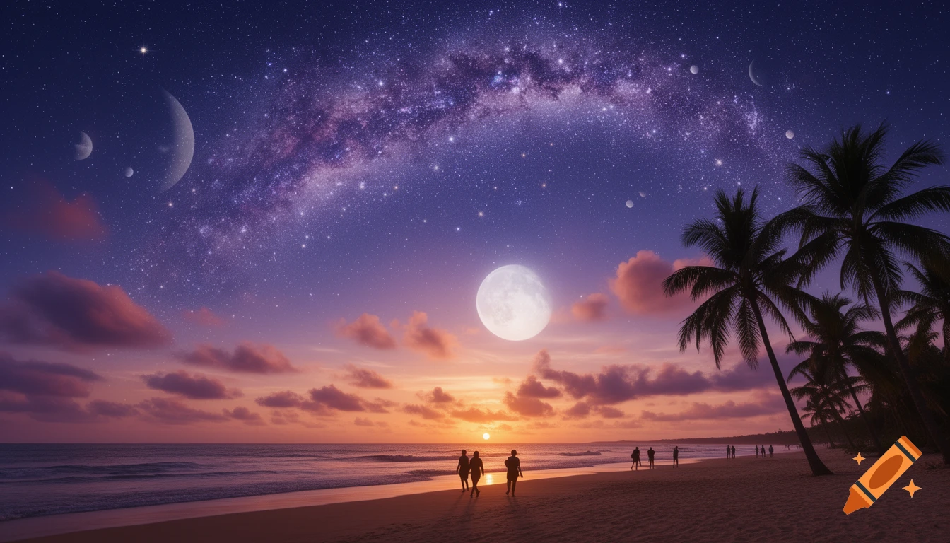 Photorealistic image of people on a beach at sunset, with palm trees, a large moon, and the Milky Way stretching across the sky.