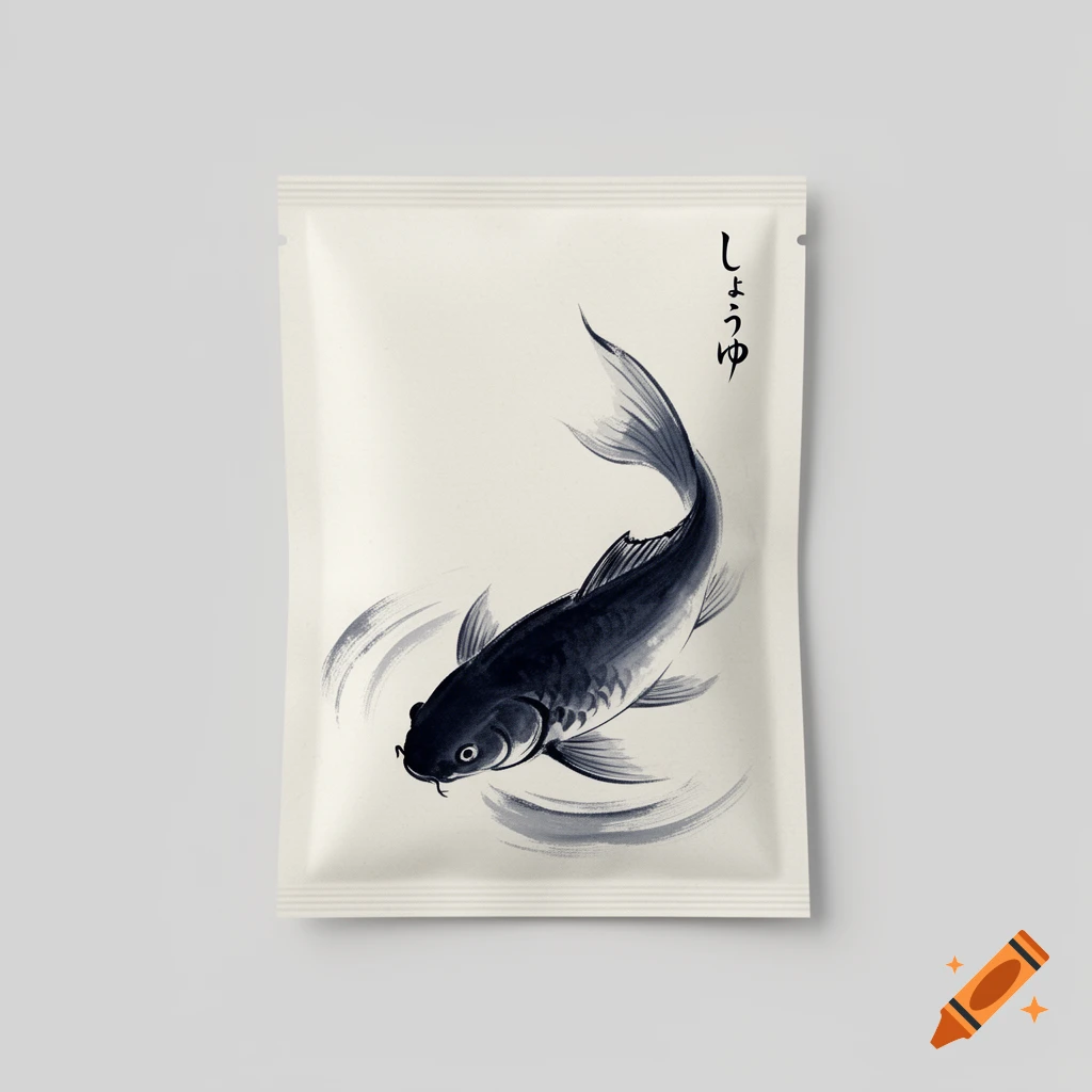 A white soy sauce fish packet with a traditional Japanese ink painting of a black koi fish, featuring Japanese text.