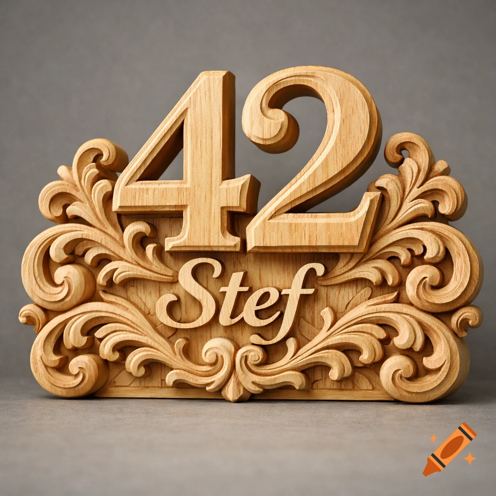 A light wooden sculpture featuring the number 42 with the name "Stef" carved below it, surrounded by ornate curly patterns.