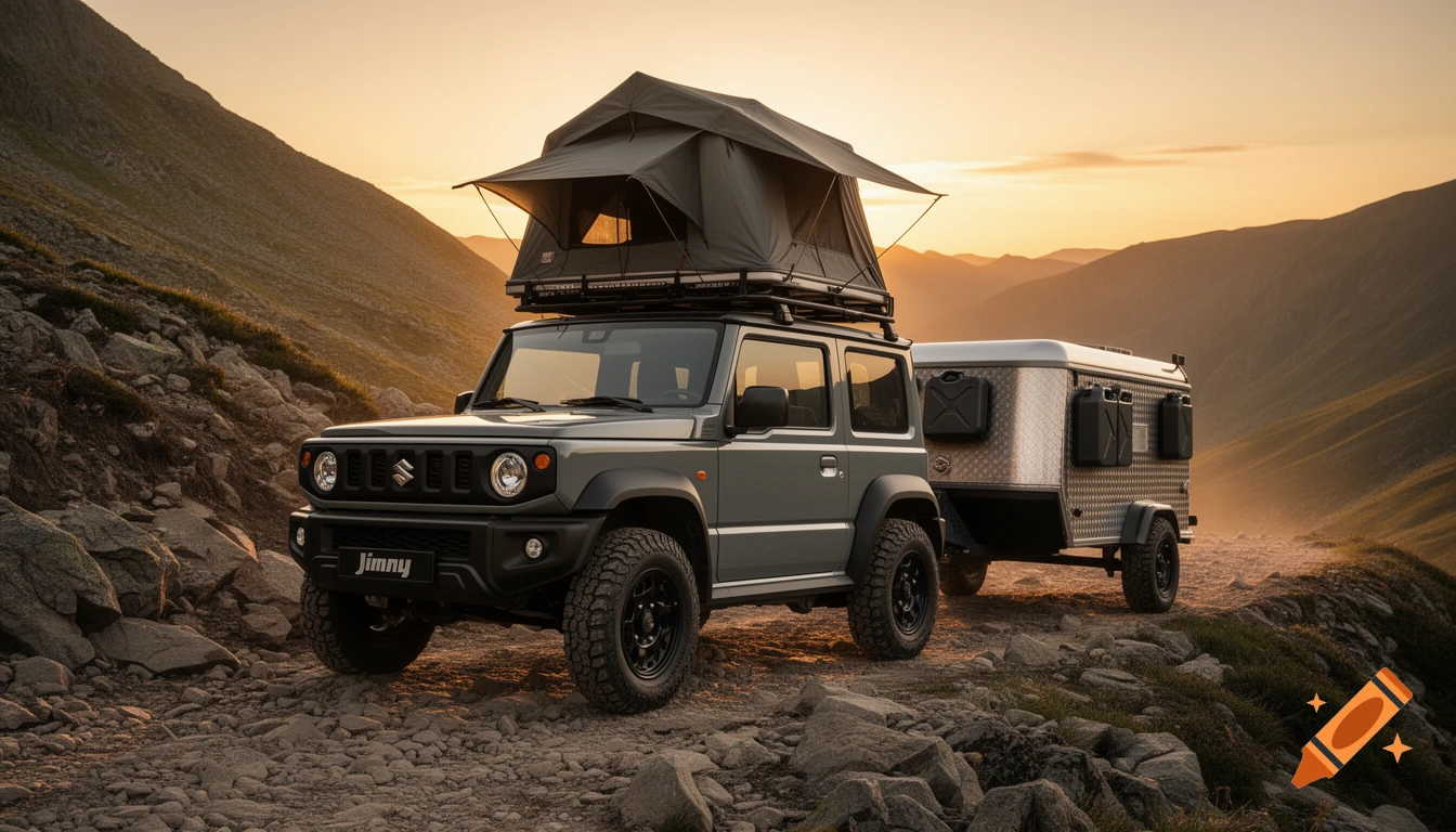 Photorealistic grey Suzuki Jimny with a roof tent, towing a camper trailer on a rocky mountain trail at sunset.