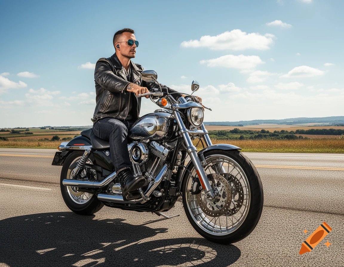 A man in a leather jacket and sunglasses rides a black motorcycle on a sunny rural road.