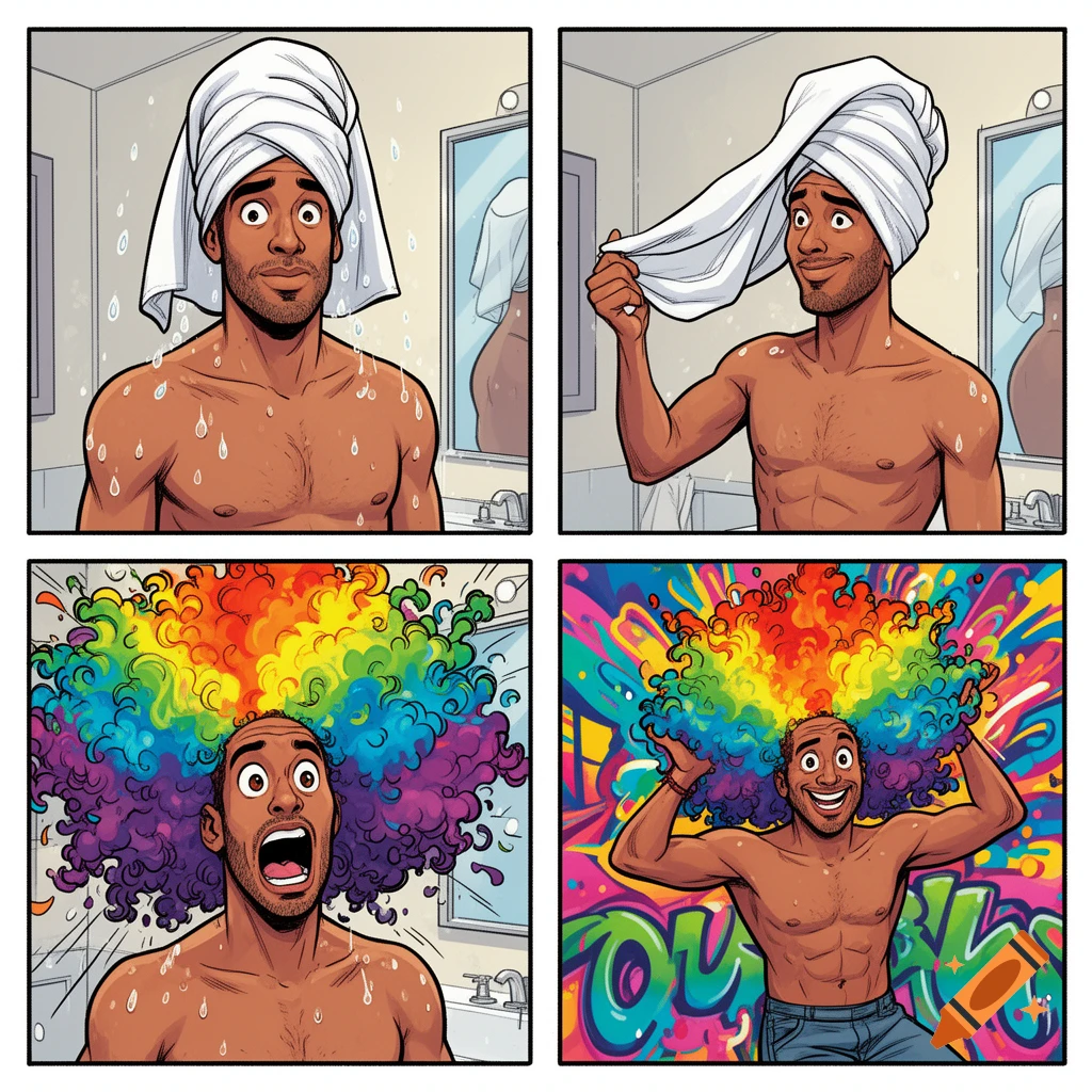 A four-panel comic showing a man in a bathroom whose towel-dried hair transforms into a giant, colorful rainbow afro.