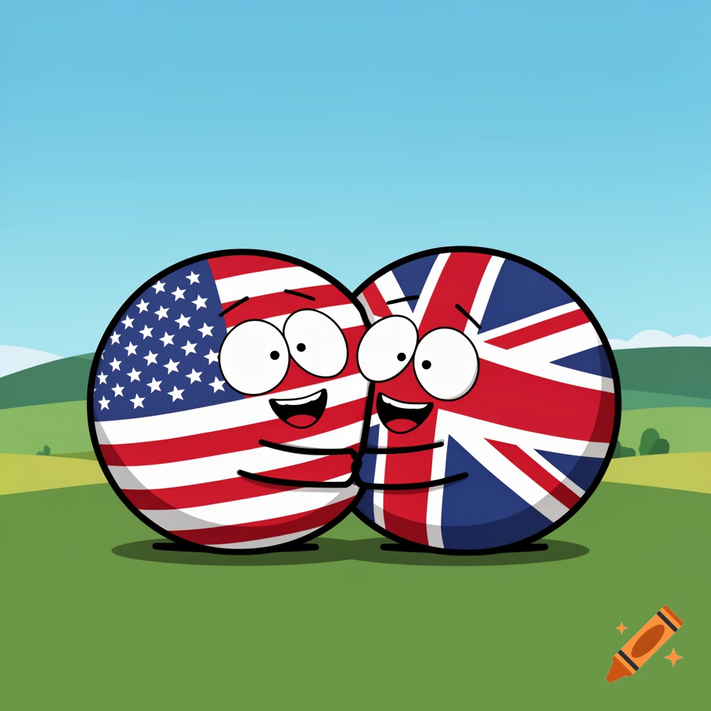 Two cartoon countryball characters, one representing the USA flag and the other the UK flag, hug in a green field, South Park style.