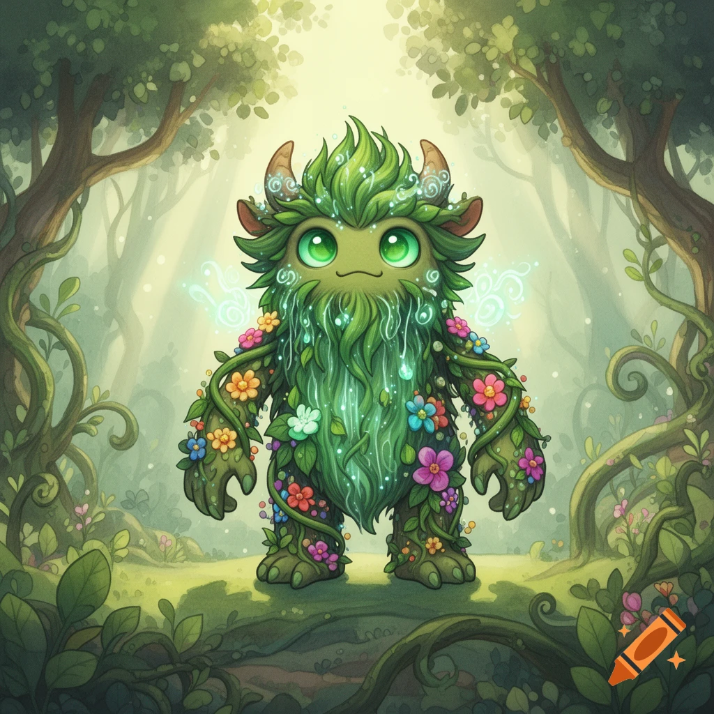 A cute, green, plant-like monster with large eyes and horns, covered in ...