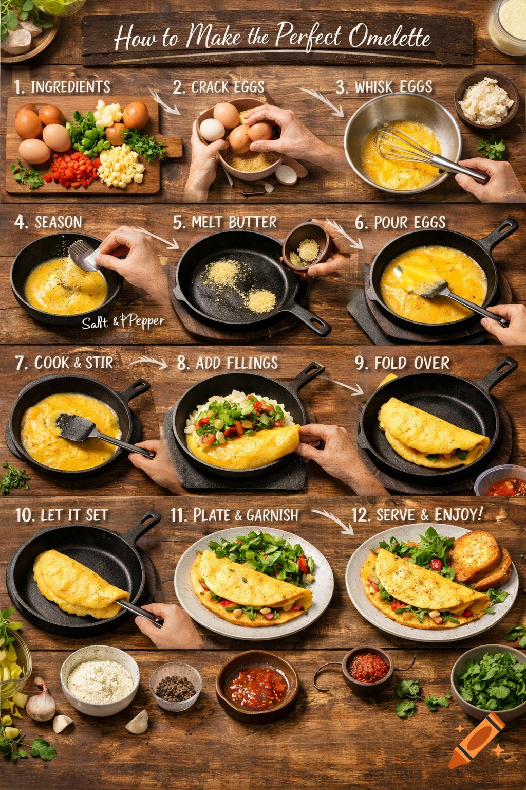 A photorealistic 12-step visual guide showing how to prepare, cook, and serve a perfect omelette with fresh ingredients on a wooden table.