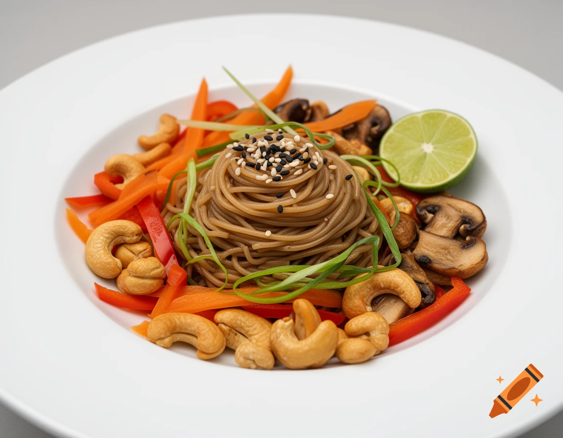 Photorealistic Asian mie noodles with carrots, bell peppers, mushrooms, cashews, sesame seeds, green onions, and a lime wedge on a white plate.