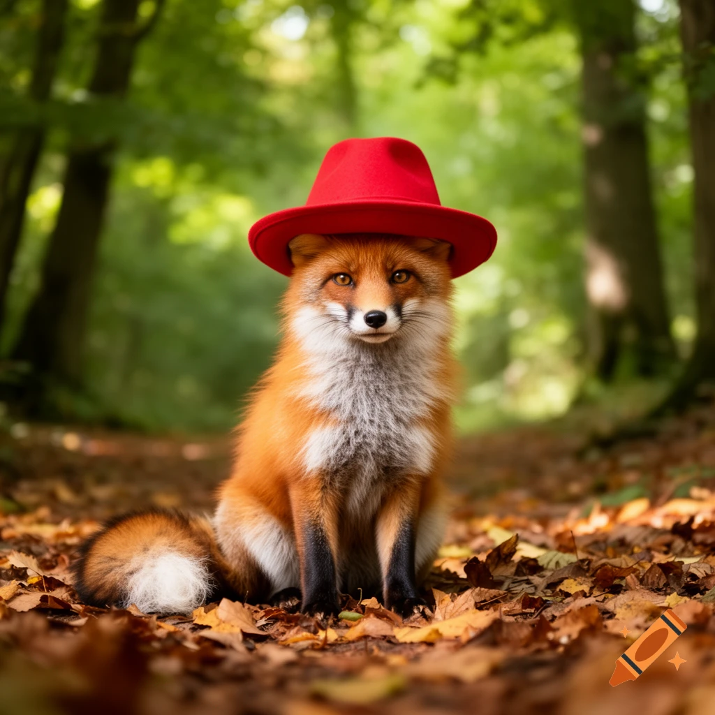A photorealistic fox wearing a bright red fedora hat sits among fallen autumn leaves in a lush green forest.