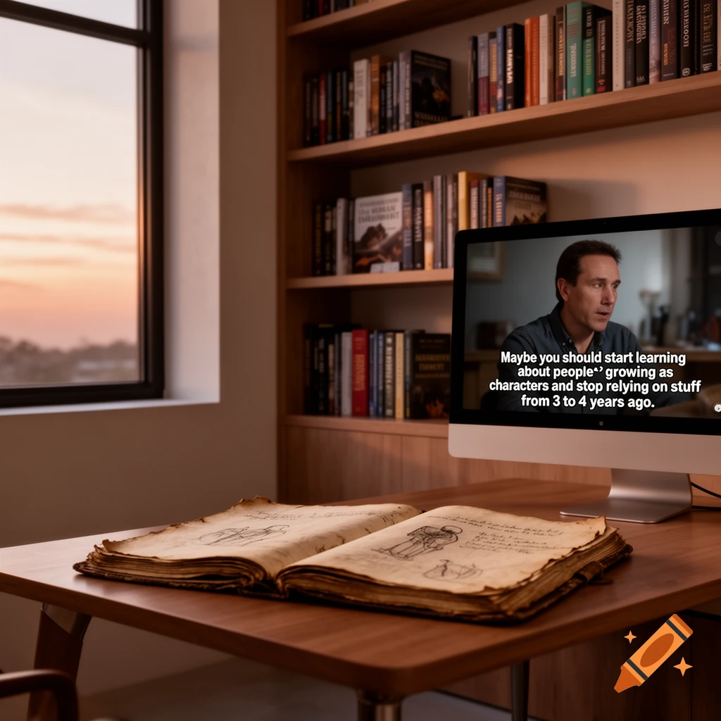 A photorealistic image of a study with a wooden desk, an open old book, a computer monitor displaying a man speaking with subtitles, and bookshelves filled with books. A window shows a sunset.