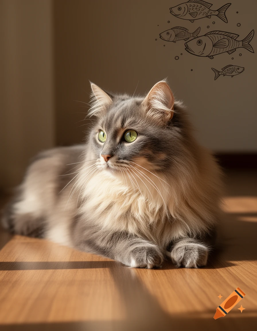 A fluffy gray and cream cat with bright green eyes lies on a wooden ...