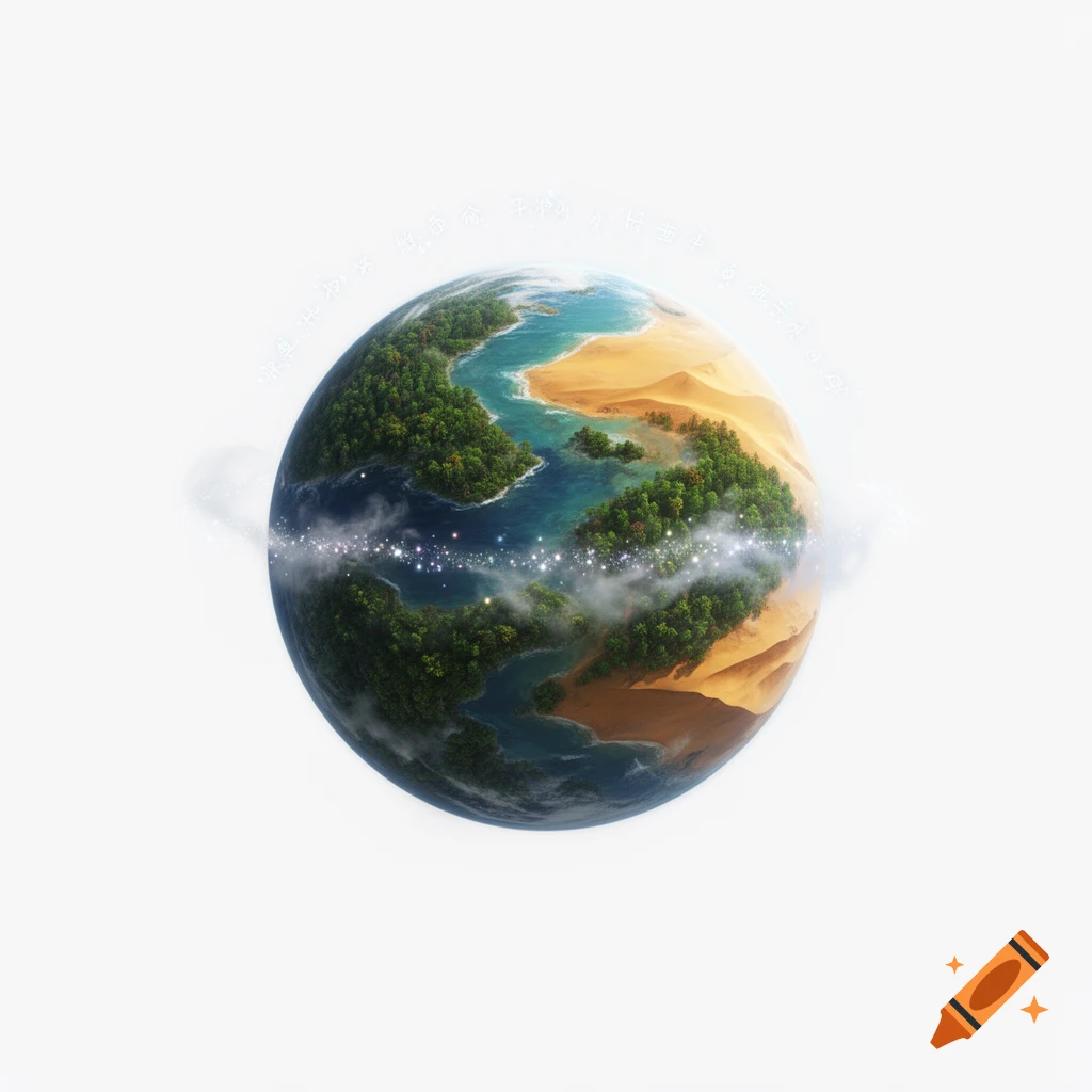 A highly detailed fantasy-style illustration of a single Earth-like planet with deserts, oceans, and forests, on a white background, with subtle glowing elements around it.