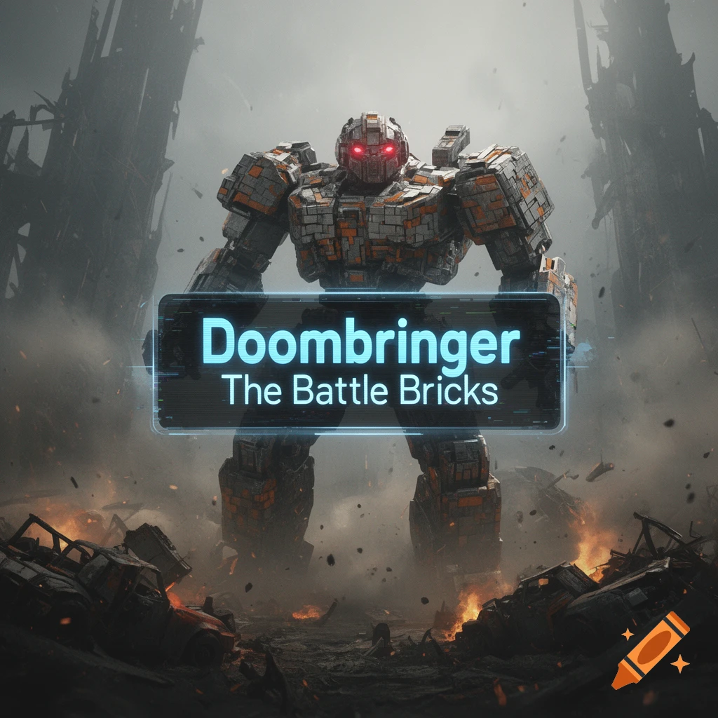 A colossal, brick-textured robot with glowing red eyes stands in a fiery, war-torn city, with 'Doombringer The Battle Bricks' on a display.