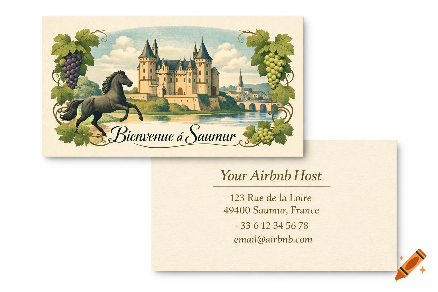 Two business cards with an antique illustration of Saumur castle, a horse, and grapes on the front, and contact details on the back.