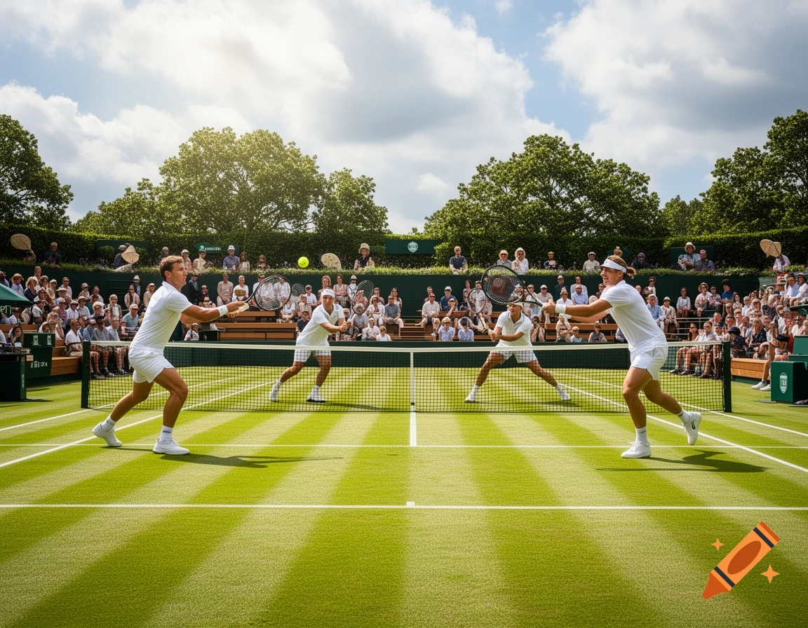 Four tennis players on a grass court during a doubles match, with a crowd watching in the background under a sunny sky.