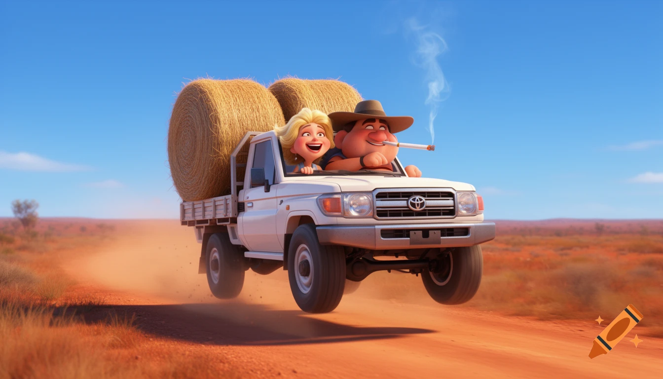 A whimsical 3D cartoon farmer with his wife in a white Toyota Landcruiser with hay bales, bouncing on a dusty Australian road.