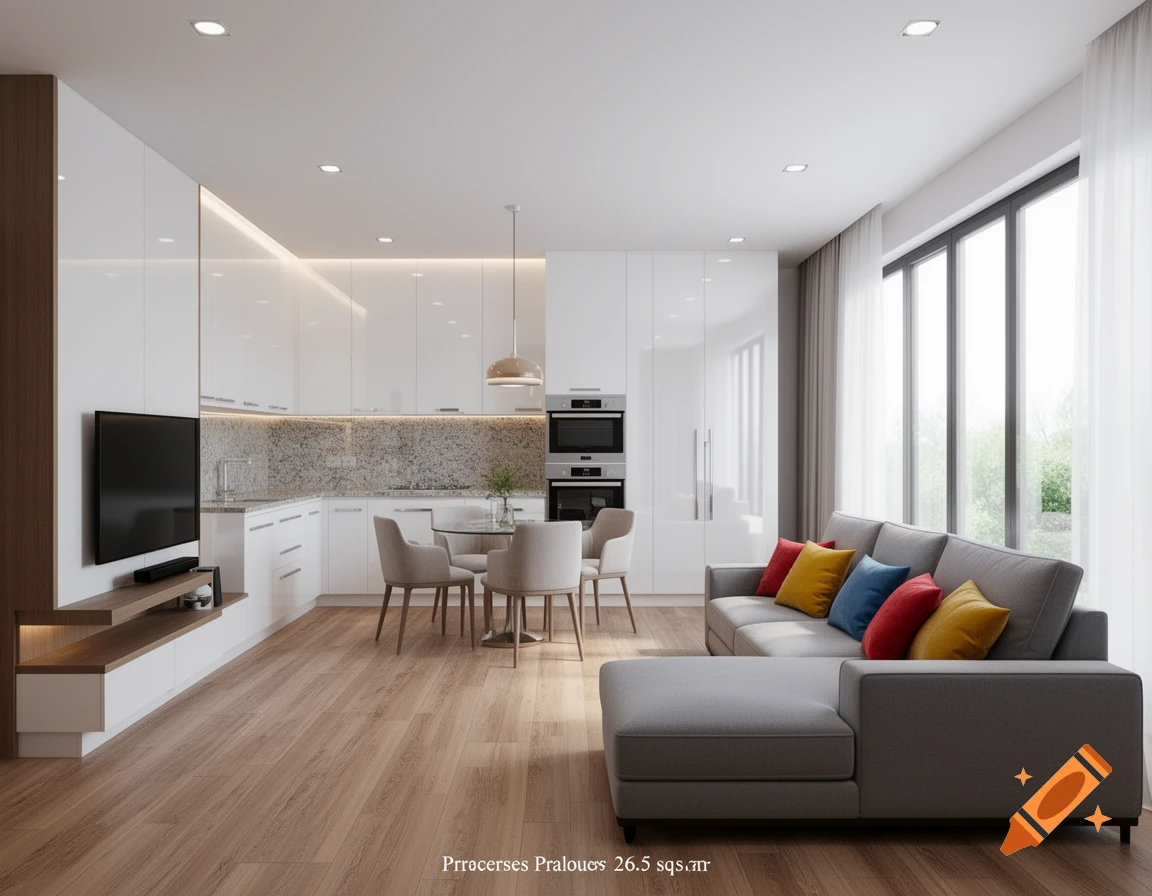 Modern open-plan living room and kitchen with a gray sectional sofa, colorful cushions, and white cabinetry.