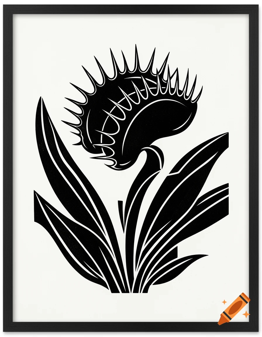 Black and white linocut style illustration of a Venus flytrap.