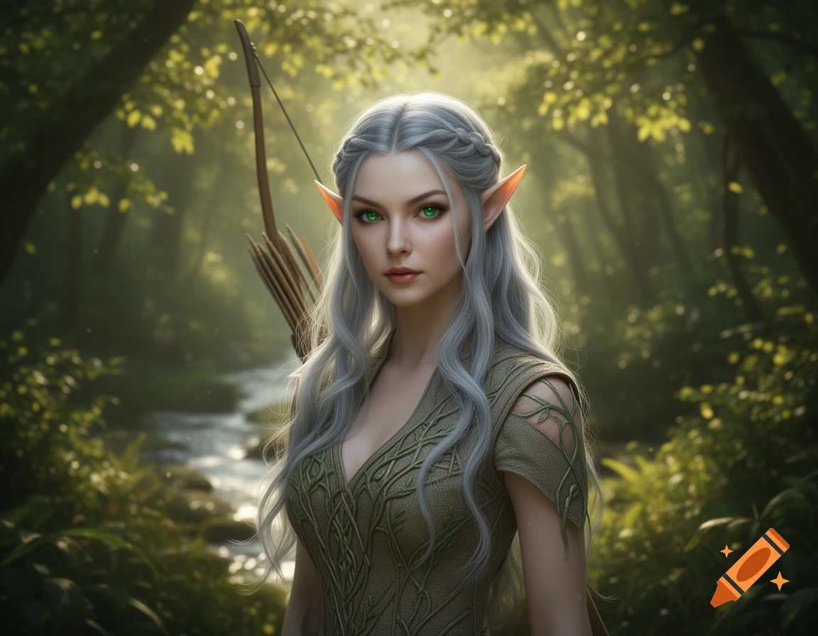 A photorealistic portrait of an elf woman with long silver hair, pointed ears, and glowing green eyes, holding a bow in a lush forest.