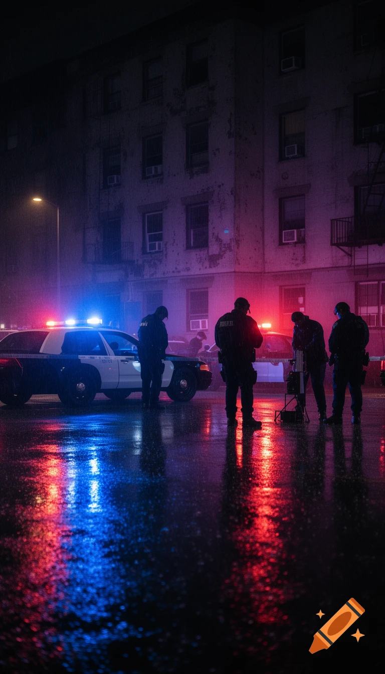 A nighttime scene of police officers investigating outside an apartment building, with flashing blue and red lights reflecting on a wet street. Police car is visible.