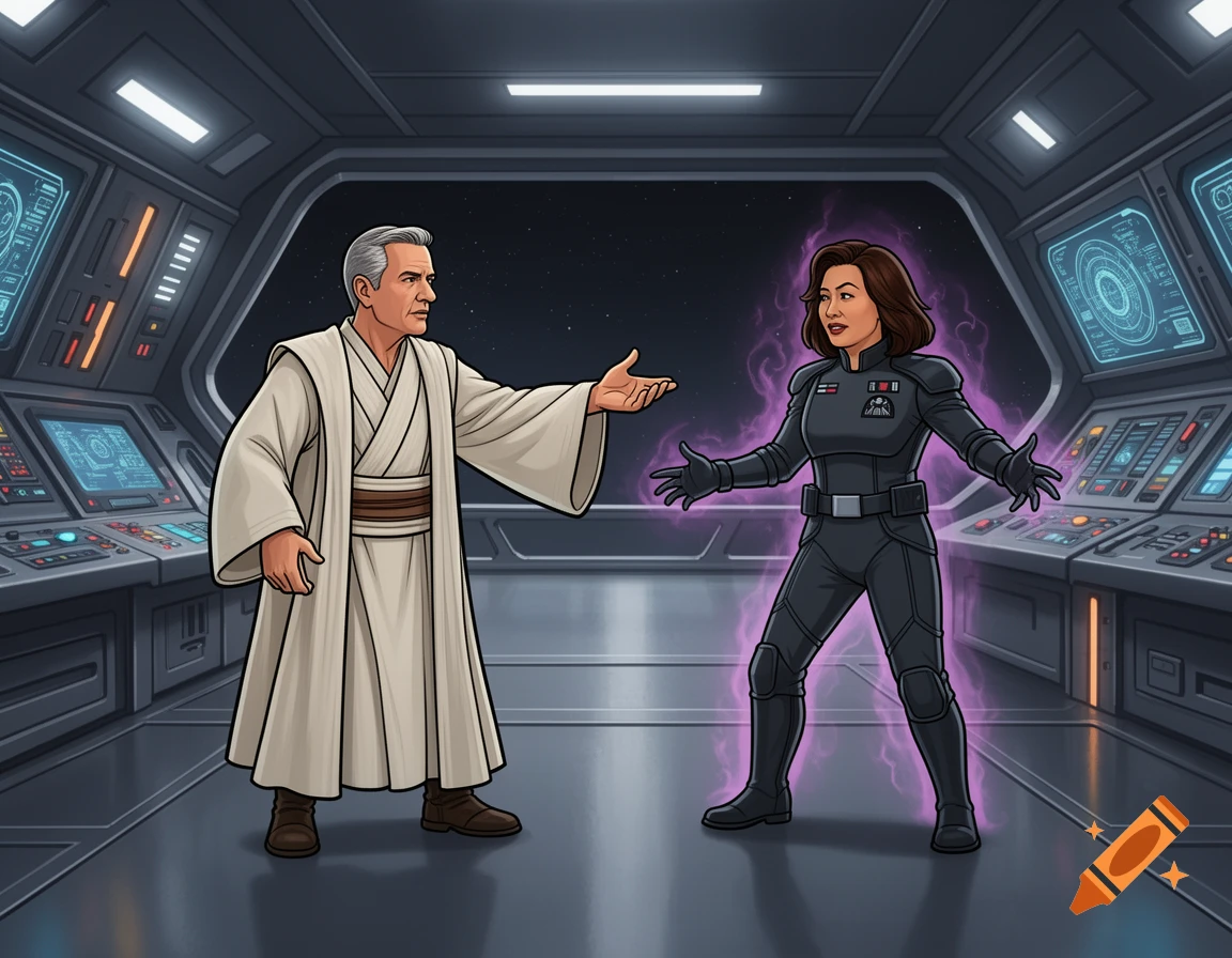 Cartoon Imperial Robe Cartoon of a man in Jedi robes confronting a glowing woman in an ...