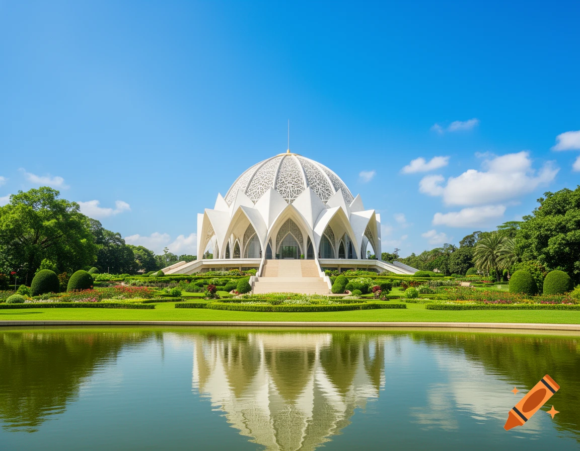 A white domed temple with intricate patterns, surrounded by lush green gardens, reflecting in a calm pool under a blue sky.
