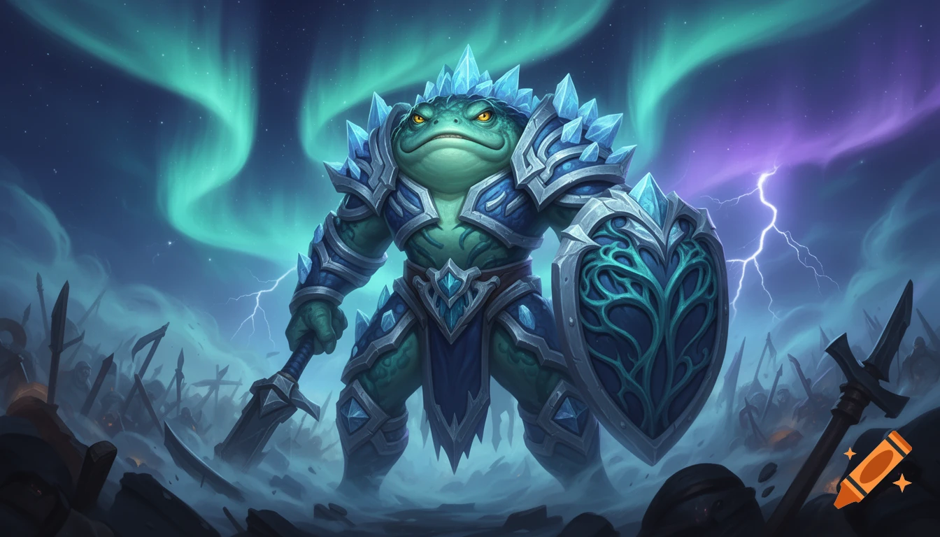 A green frog-like warrior in icy armor holds a shield and weapon on a battlefield under an aurora-lit, stormy sky with lightning.