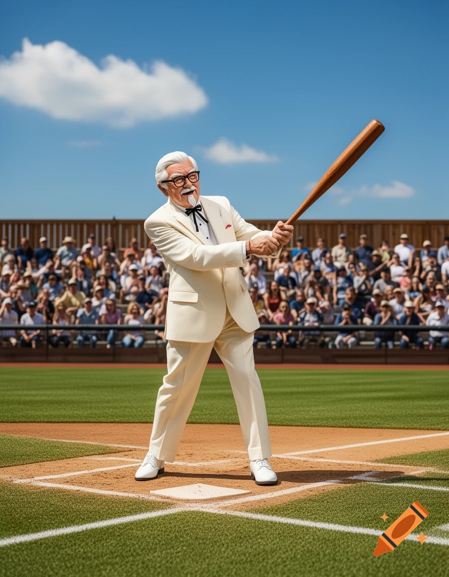 Photorealistic Colonel Sanders in a white suit swinging a baseball bat on a sunny baseball field with spectators.