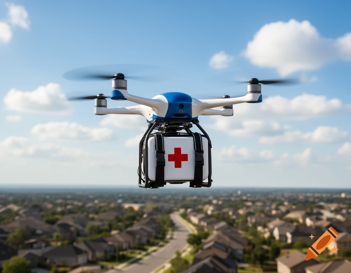 A white and blue drone flies over a suburban neighborhood, carrying a white first aid kit with a red cross.