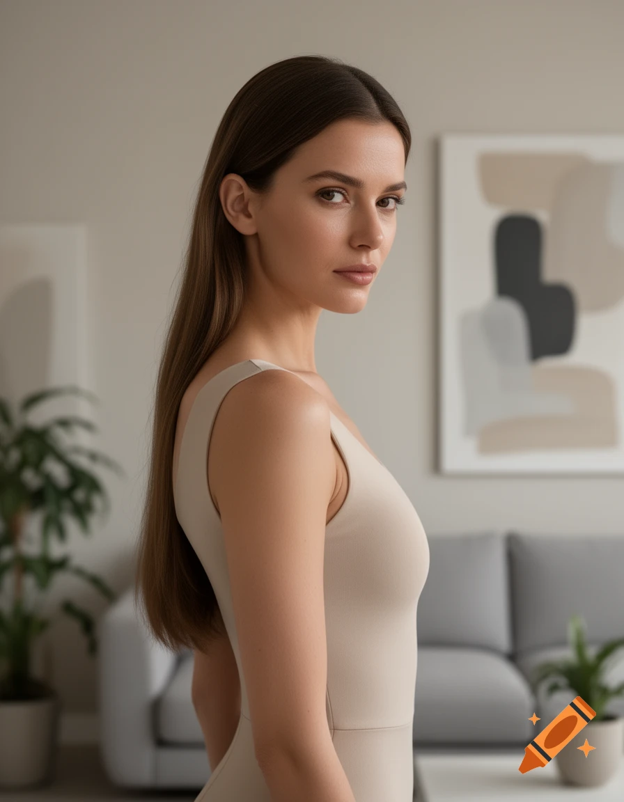 A woman with long brown hair in a beige top looks over her shoulder in a modern living room.