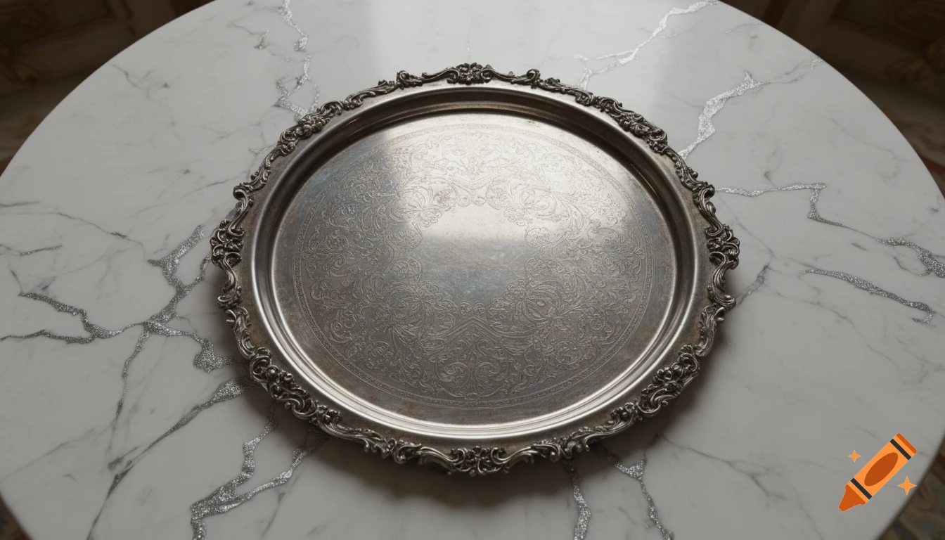A top-down view of an ornate vintage silver tray centered on a white marble tabletop with subtle shimmering veins.
