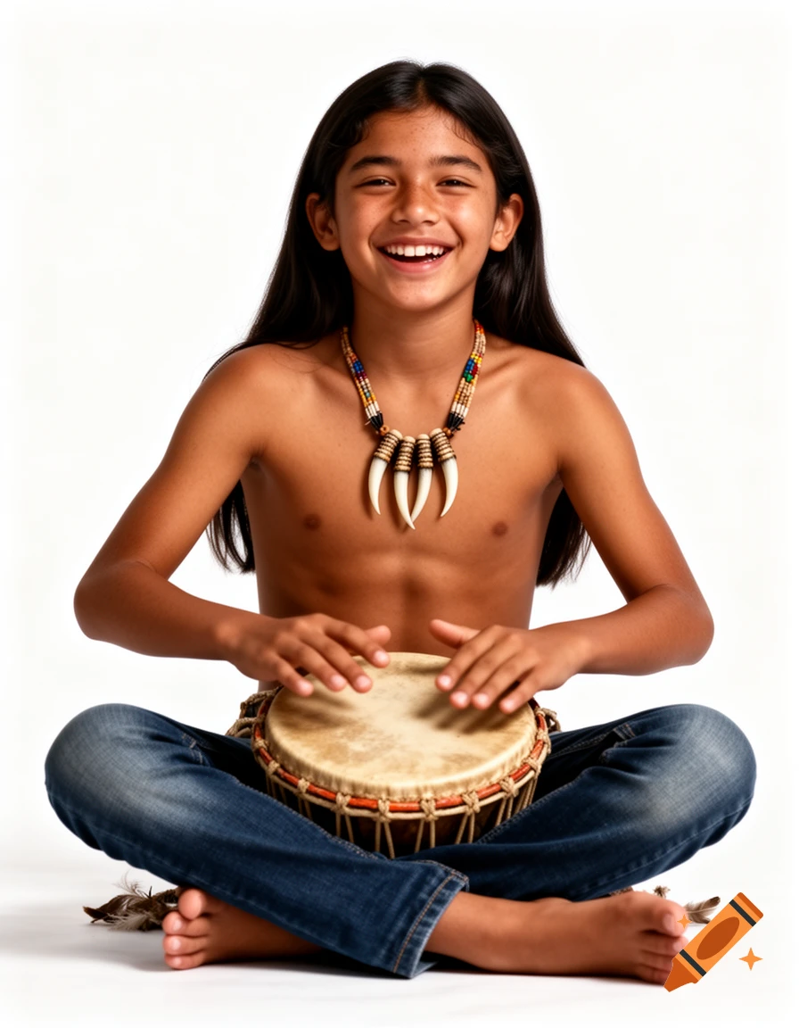 Smiling Native American boy with long hair, wearing a bear claw necklace and jeans, plays a drum on a white background. Photorealistic.