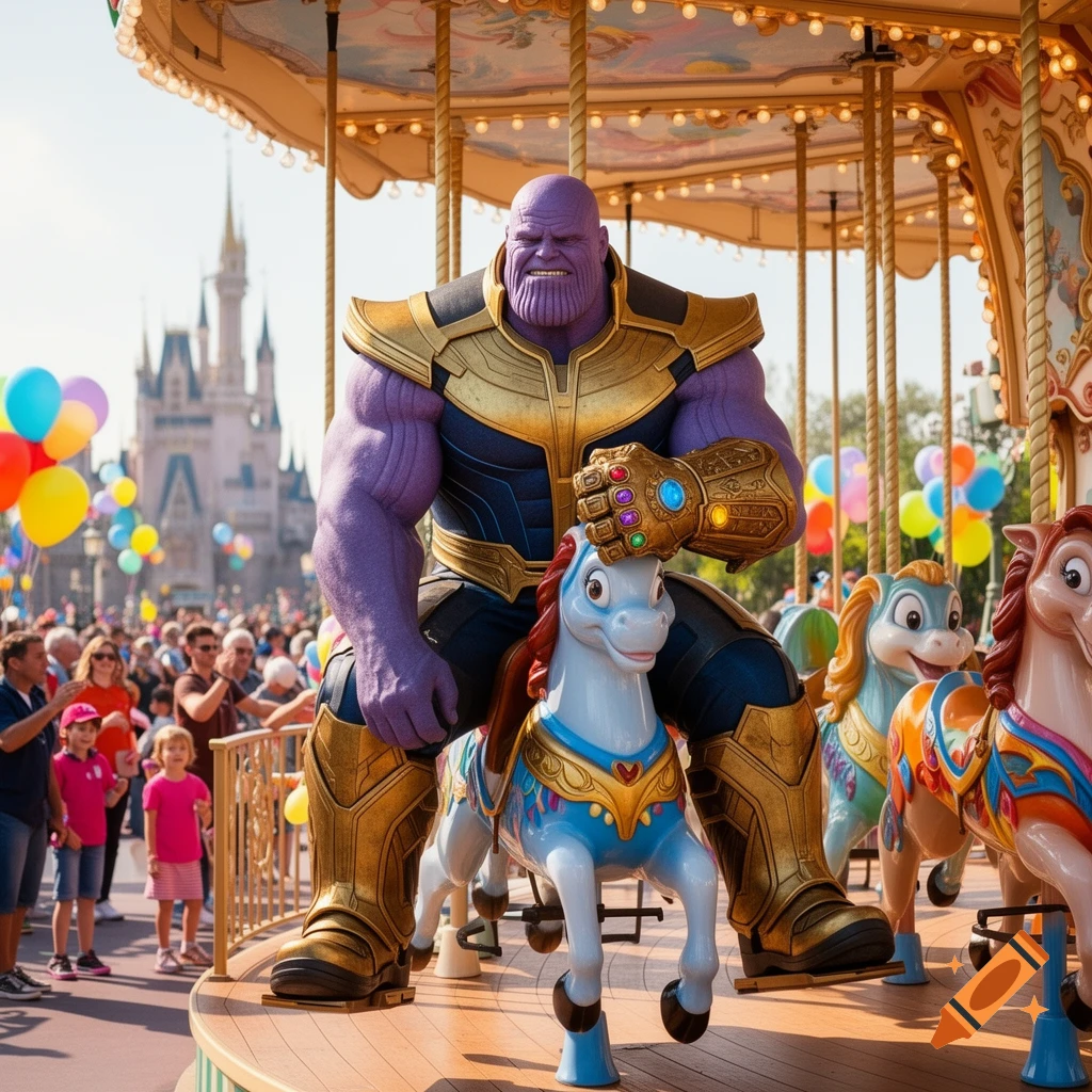 Thanos in armor and Infinity Gauntlet rides a carousel horse at a bustling Disney-like theme park with a castle backdrop.