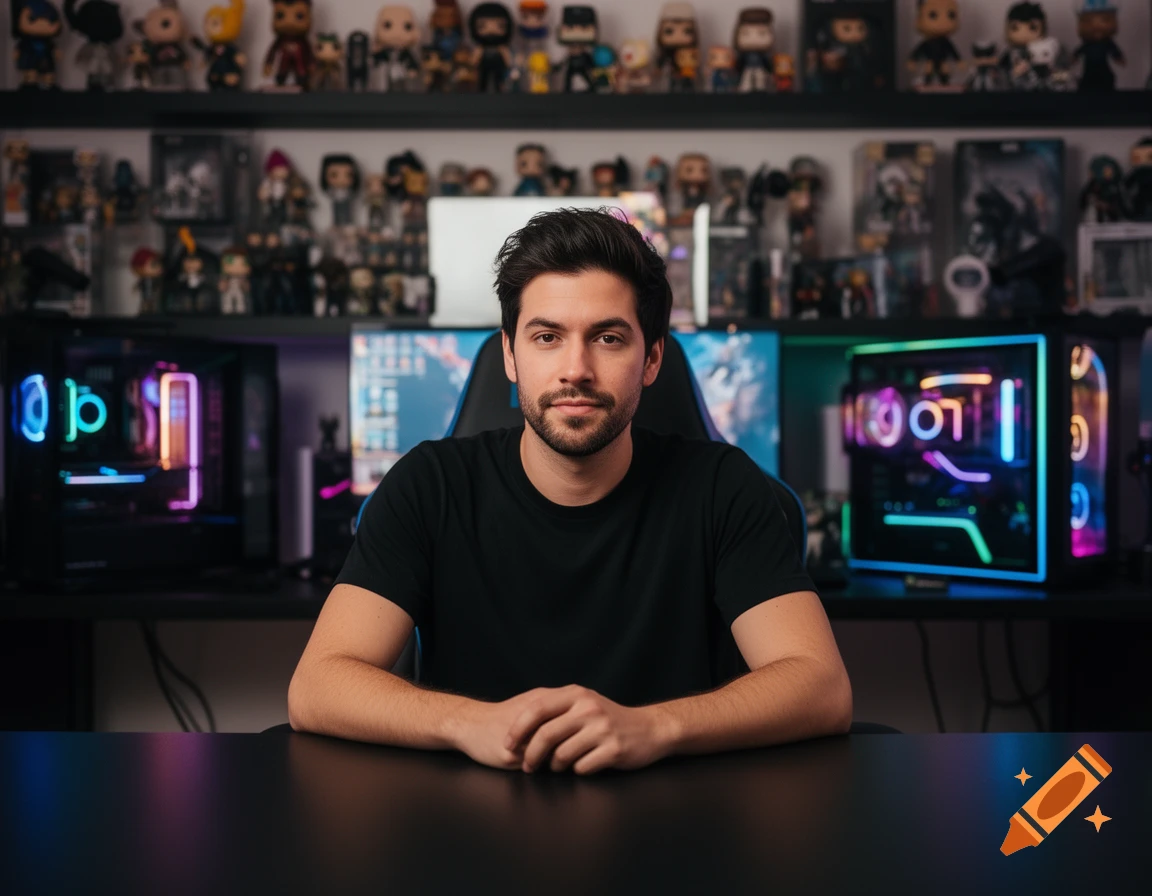 A man with a beard sits at a desk in front of two colorful gaming computers, with shelves of collectible figures in the background.