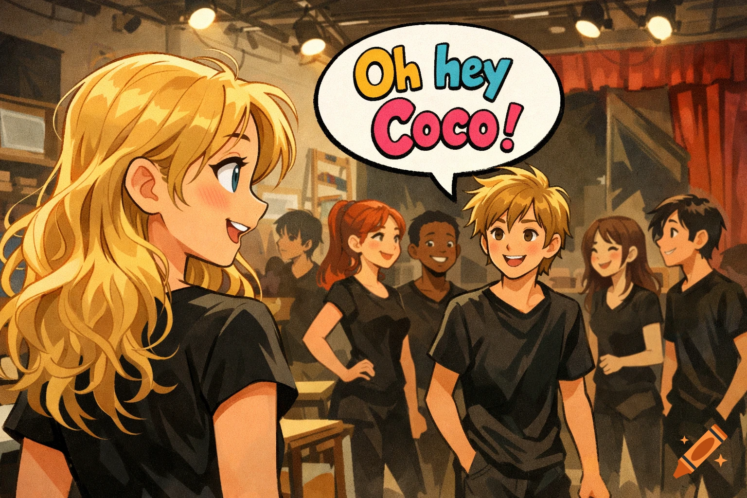 Anime illustration of a blonde girl smiling at a boy who says "Oh hey Coco!" in a drama class, surrounded by other teenagers.