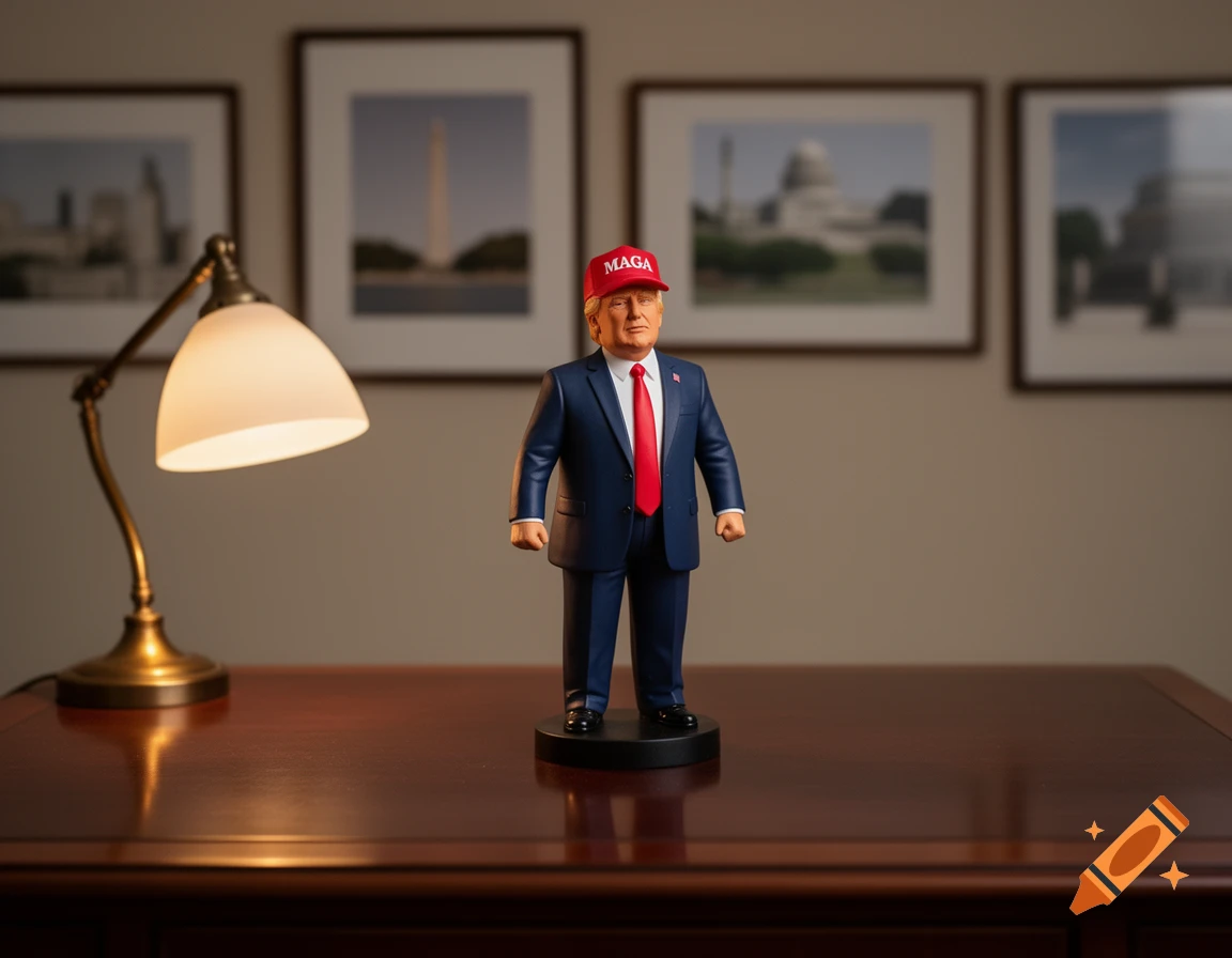 A photorealistic Donald Trump figurine in a blue suit and red 'MAGA' hat stands on a wooden desk next to a lamp.