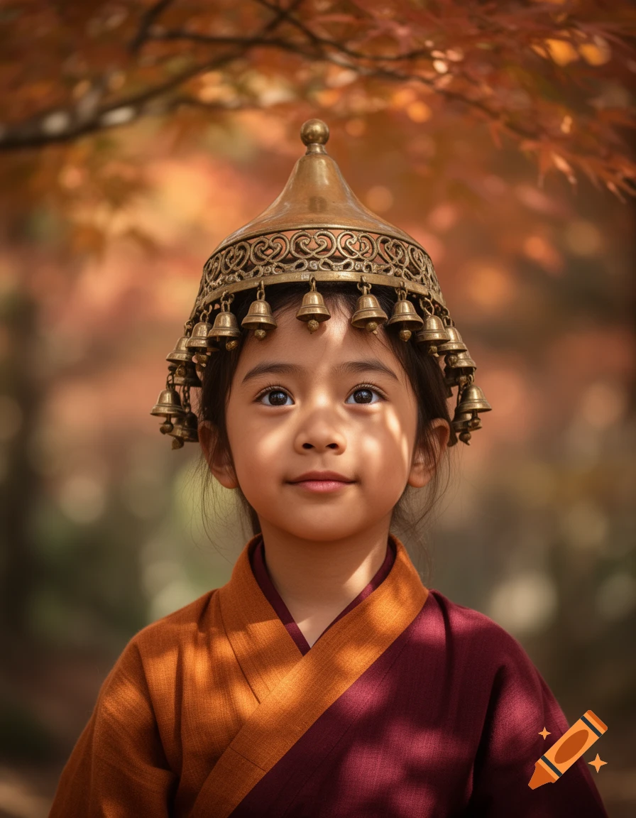 A young child wearing traditional orange and maroon robes and a golden bell-decorated hat, looking up against a blurred autumn background.