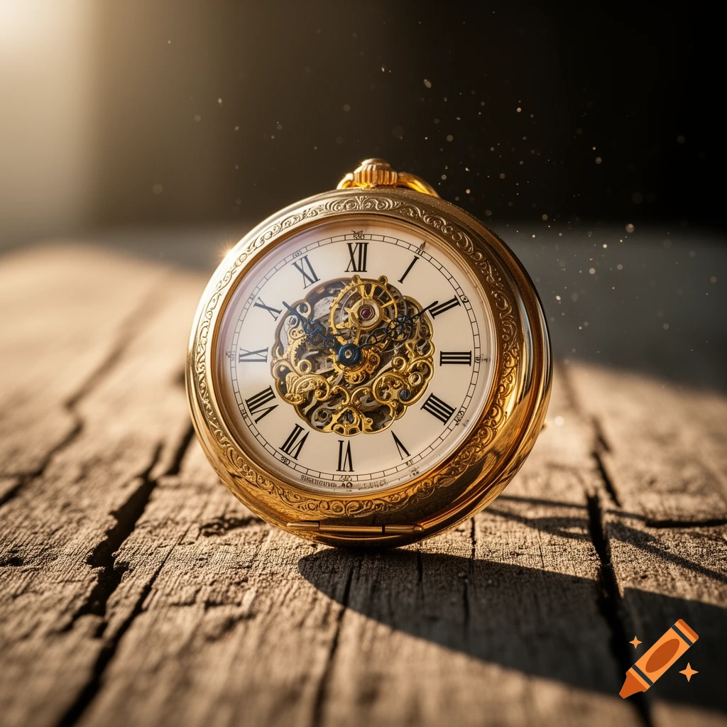 A gold pocket watch with exposed gears and Roman numerals rests on weathered wooden planks, bathed in warm sunlight.