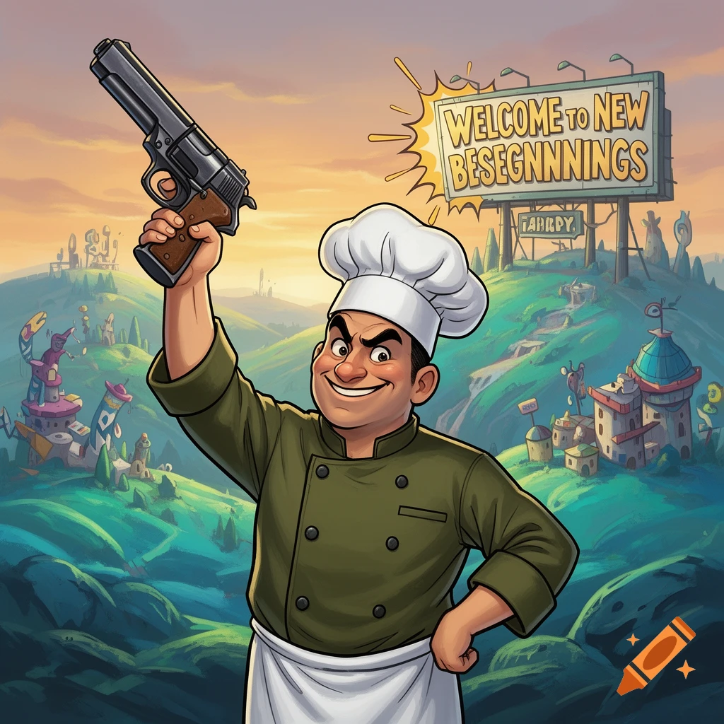 Cartoon chef in green uniform and white hat holds a large pistol aloft, smiling against a whimsical landscape with a billboard.