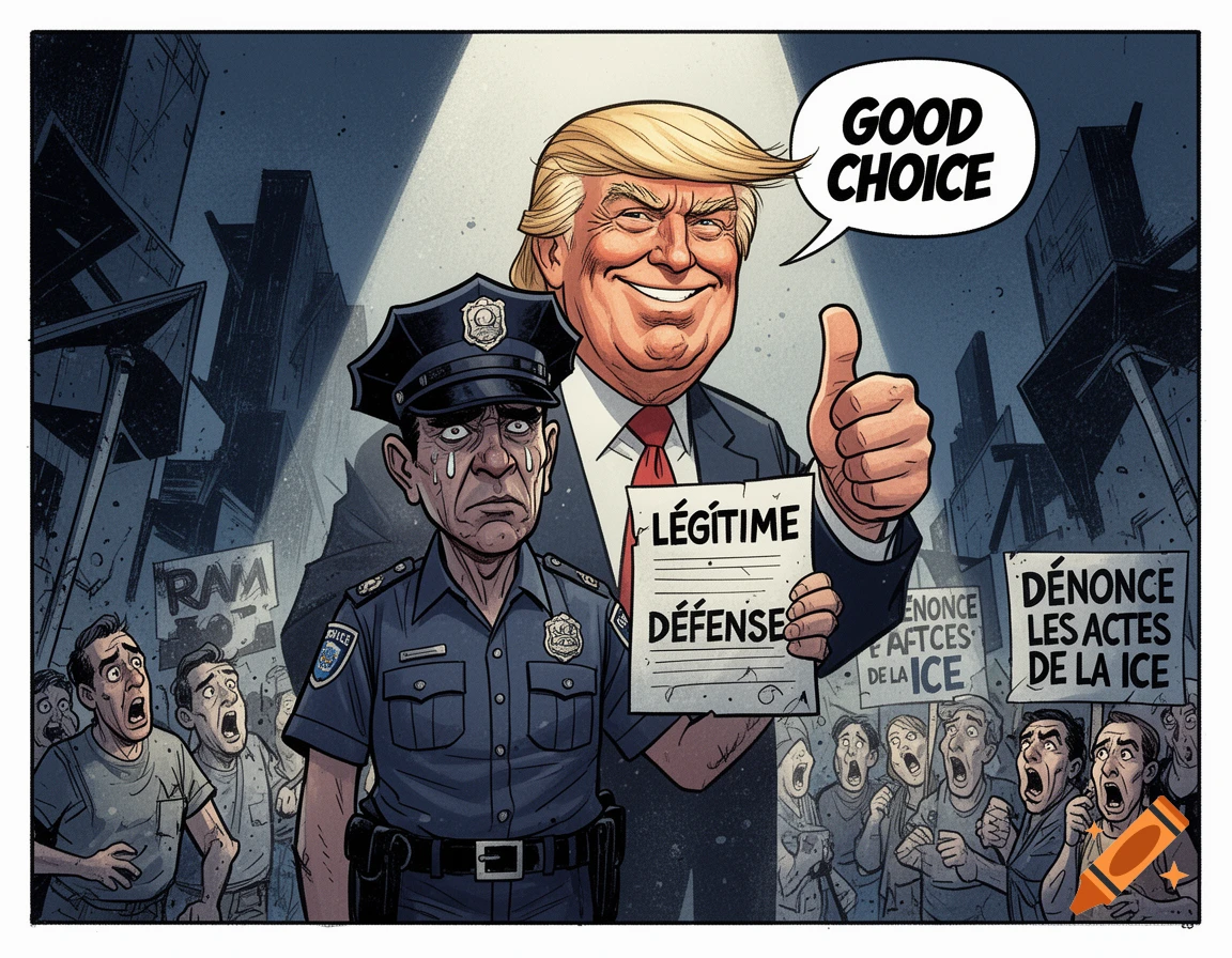 A political cartoon showing a crying police officer next to a smiling Donald Trump holding a paper reading "LEGITIME DÉFENSE" and giving a thumbs up. Trump's speech bubble says "GOOD CHOICE." In the background, protesters hold signs, some reading "DÉNONCE LES ACTES DE LA ICE."