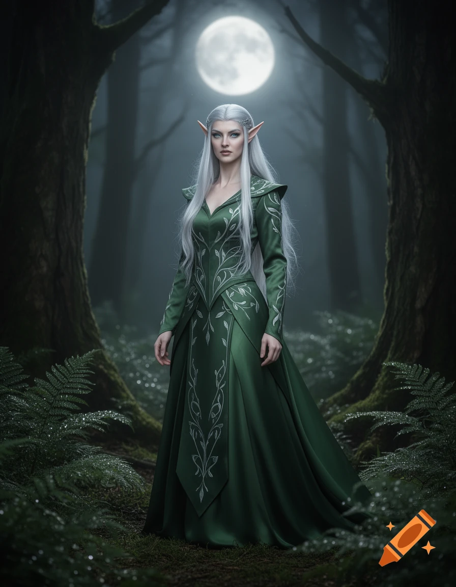 A photorealistic elf with long white hair and pointed ears in an ornate green dress stands in a misty forest under a full moon.