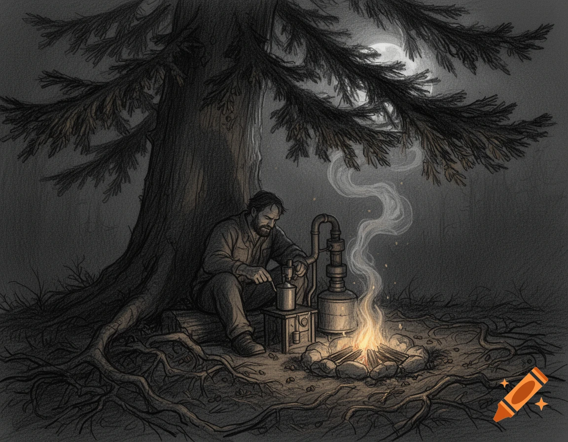 Sketchy drawing of a man under a spruce tree, roasting coffee by a campfire with a still under moonlight.