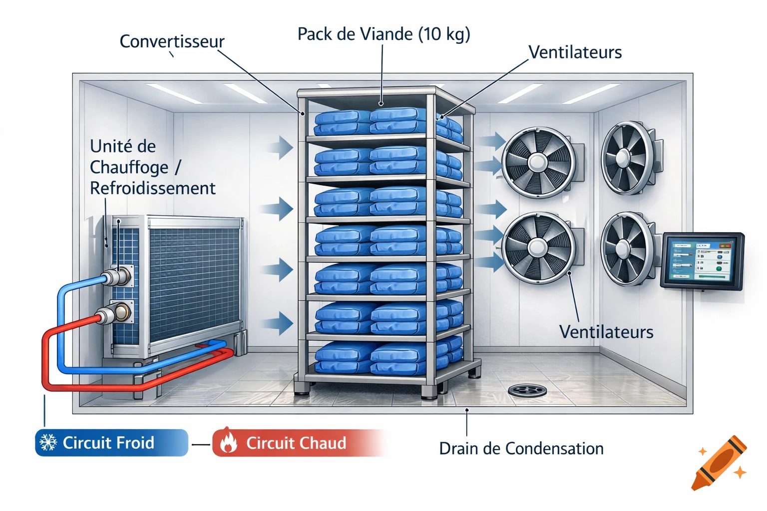 A detailed diagram illustrating the components and function of a defrosting cell with labels for heating/cooling unit, meat packs, fans, and cold/hot circuits.