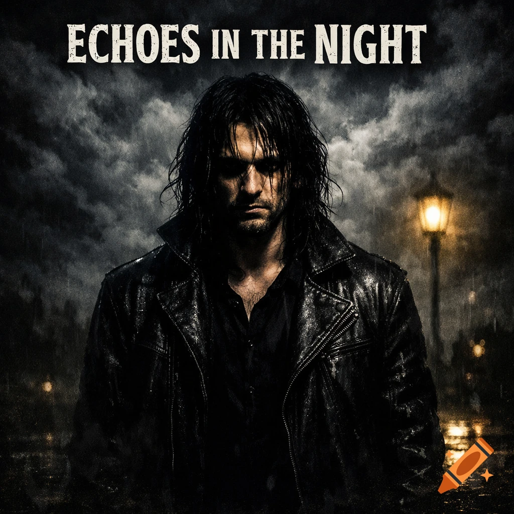 A moody man with long hair and a leather jacket stands in the rain at night under a streetlamp. Text reads 'ECHOES IN THE NIGHT'.