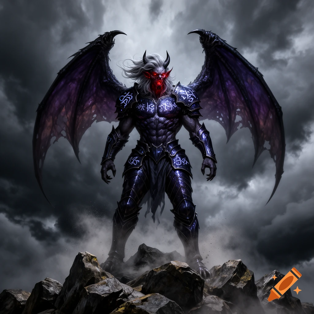 A powerful armored demon with large, dark purple wings stands on rocky terrain under a stormy, cloudy sky. The demon has red glowing eyes and white hair.
