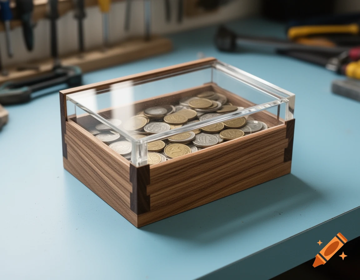 A wooden money box with an acrylic lid sits on a light blue workbench, filled with silver and gold coins.